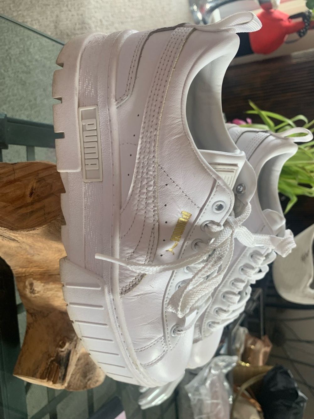 Puma White Leather Mayze Classic platform Sneakers with Gold Logo Size 7.5